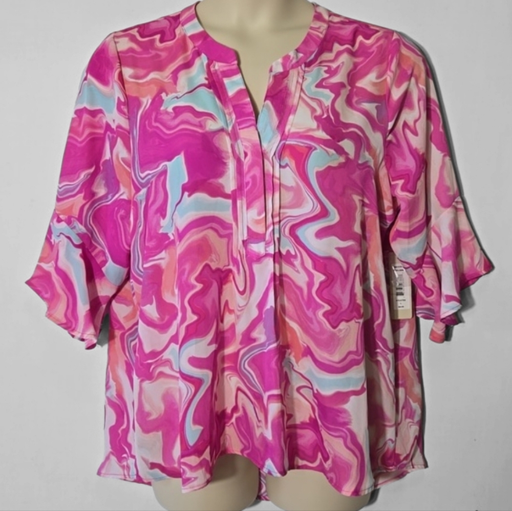 Sunny Leigh Sheer Marbled Watrcolor Top Size L Retro Psychedelic Colorful‎